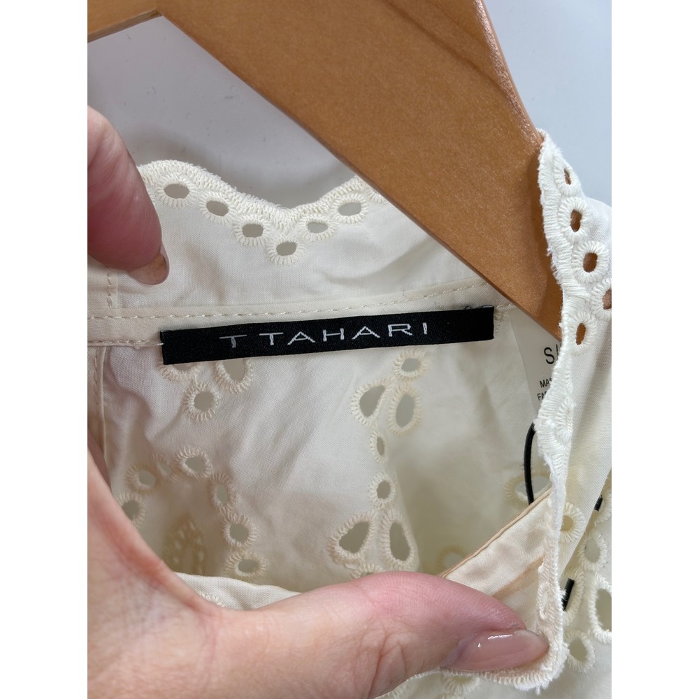 T Tahari Womens Cream Cotton Eyelet Embroidered Mock Neck Blouse Small NWT - Picture 5 of 12